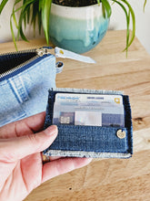 Load image into Gallery viewer, holding denim wallet with an ID and American Express card.

