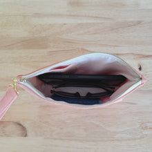Load image into Gallery viewer, Zipper open clutch with a samsung note phone, sunglasses, and card wallet.
