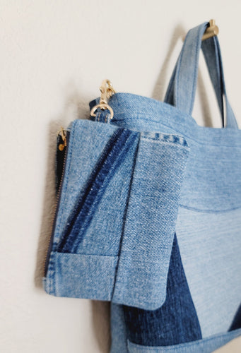 Bag accessory charm made in repurposed denim.